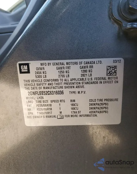 2012 Chevrolet Equinox Lt z USA, uszkodzony, nr VIN 2GNFLEE52C6316036